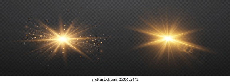 Set of light flashes, star light and rays. On a transparent background.