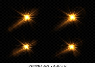 Conjunto de luzes piscando e estrelas. Brilhos de luz e brilho de linhas. Em um fundo transparente.