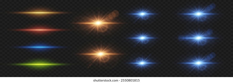 Conjunto de luzes piscando e estrelas. Brilhos de luz e brilho de linhas. Em um fundo transparente.