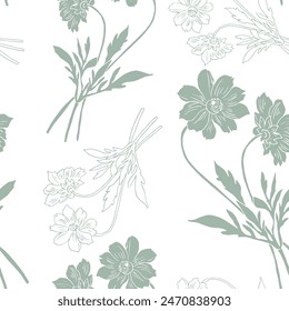 set of light green aquilegia vulgaris flowers with blossomed buds and not yet blossomed, branches with leaves, sketch vector graphics color illustration on white background