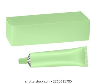 Set of light green metal tube and box. Realistic mockup. Ointment or salve. Korean packaging. Blank cardboard package