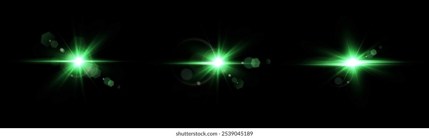 
A set of light green reflection effects, neon lighting in green tones. Bright light lens. Police light effects, lines. Shiny stars, glowing sparks on a black background.