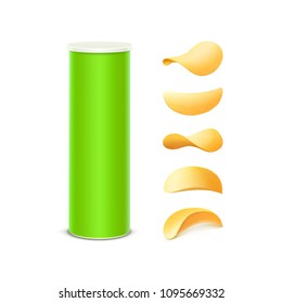 Set of Light Green Tin Box Container Tube for Package Design with Potato Crispy Chips of Different Shapes Close up Isolated on White Background