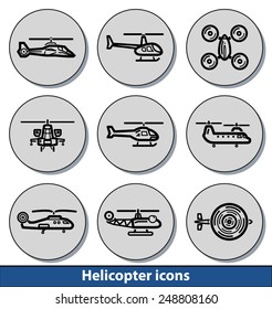 Set of light helicopter icons with reflection line and thin lines