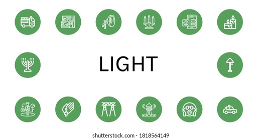 Set of light icons. Such as Fire truck, Rubber land, Flash, Candelabra, Knowledge, Candles, Strategy, Prayer, Spotlight, Lighthouse, Shocked, Taxi, Menorah, Lamp , light icons