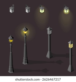 Conjunto de pilar de lámpara de luz. Farola isométrica. Icono de pilar ligero. Iluminación exterior isométrica. con o sin fondo oscuro claro