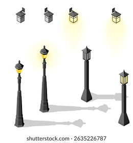 Set of light lamp pillar. Isometric street light. Light pillar icon. Isometric outdoor lighting. with or without light white background