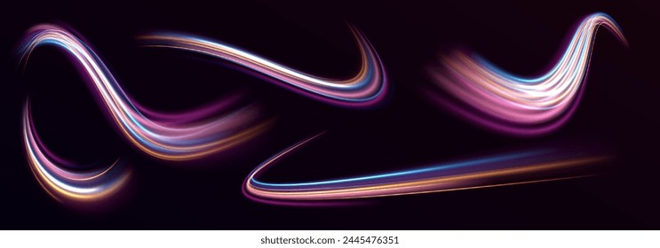 A set of light lines in the form of swirls and waves. Curved bright speed line swirls. light road in the form of a swirl, neon color. Glow luminous glitter shimmer trail. Vector.	
