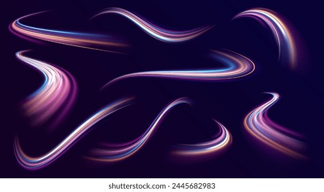 A set of light lines in the form of swirls and waves. Curved bright speed line swirls. light road in the form of a swirl, neon color. Glow luminous glitter shimmer trail. Vector.	
