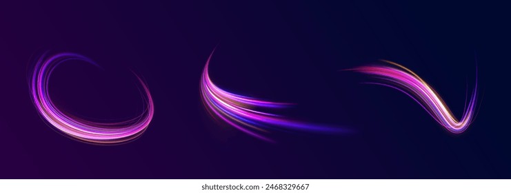 A set of light lines in the form of swirls and waves. light road in the form of a swirl, neon color. Speed line with sports cars.