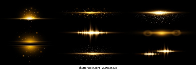 Set of light and lines. Golden light effects on a black background. Bright flashes and highlights of golden color. Bright beams of light. Light vibration from sound. Glowing lines. Vector illustration