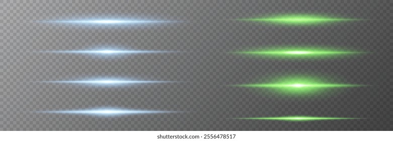 Set of light lines. Set of green and blue rays, glare effect. Vector PNG. On a transparent background.