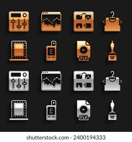 Set Light meter, Sleeveless T-shirt, Movie trophy, FLV file document, Makeup mirror with lights, Storyboard, Sound mixer controller and Music wave equalizer icon. Vector