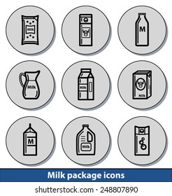 Set of light milk package icons with reflection line and thin lines