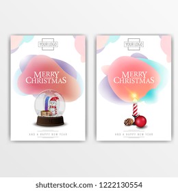 Set of light, modern Christmas covers with snow globe and candle