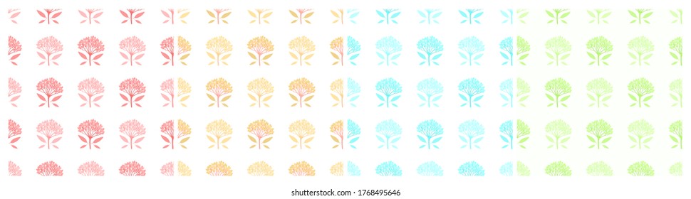 Conjunto de patrones geométricos luminosos multicolores sin costuras con bayas de viburnum y hojas diminutas. Colores suaves y pastel. Repetir patrones botánicos simétricos. Ilustración vectorial.