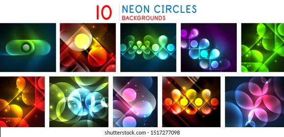 Set of light neon glow circles backgrounds, bright banners with shiny round shapes and electric effects. Modern design templates for cover design for web banners, internet sites, posters, flyers