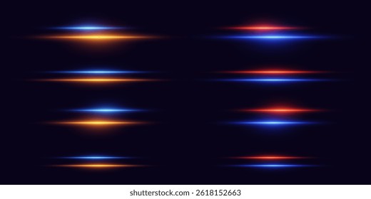Satz von Neonlinien-Lichteffekten. Horizontaler Effekt von Laserlichtstrahlen.