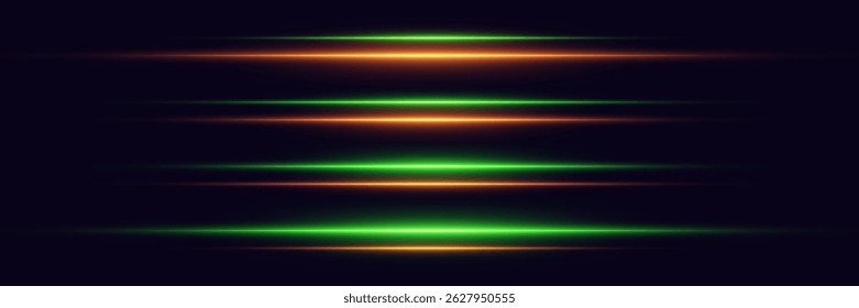 Set of light neon line effects. Horizontal effect of laser light beams.