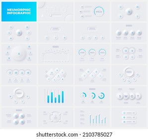 Set of light neumorphic infographic slides. Business data visualization for presentation. Unique neumorphism design set.
