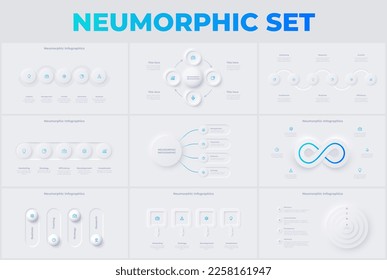 Conjunto de diapositivas infográficas neumórficas ligeras. Visualización de datos empresariales para presentación. Conjunto único de diseño de neumorfismo