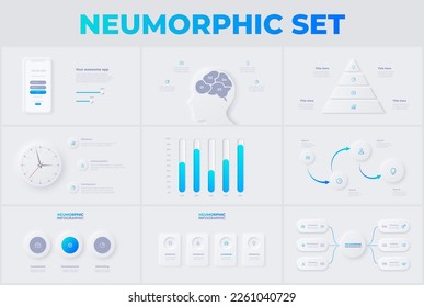 Conjunto de diapositivas infográficas neumórficas ligeras. Visualización de datos empresariales para presentación. Conjunto único de diseño de neumorfismo.