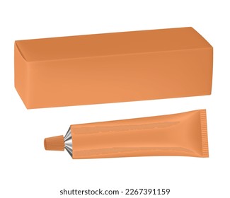 Set of light orange metal tube and box. Realistic mockup. Ointment or salve. Korean packaging. Blank cardboard package