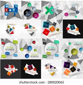 Set of light, paper design option infographic banner templates. Various universal geometric shapes with sample text, steps, connections