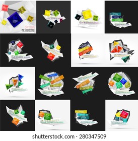 Set of light, paper design option infographic banner templates. Various universal geometric shapes with sample text, steps, connections