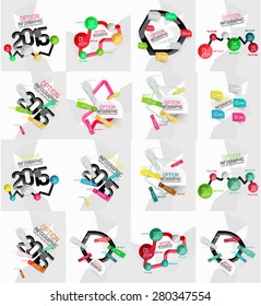 Set of light, paper design option infographic banner templates. Various universal geometric shapes with sample text, steps, connections