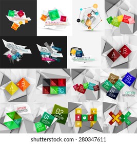 Set of light, paper design option infographic banner templates. Various universal geometric shapes with sample text, steps, connections