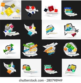Set of light, paper design option infographic banner templates. Various universal geometric shapes with sample text, steps, connections