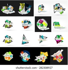 Set of light, paper design option infographic banner templates. Various universal geometric shapes with sample text, steps, connections
