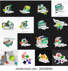 Set of light, paper design option infographic banner templates. Various universal geometric shapes with sample text, steps, connections