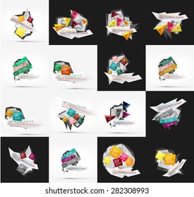 Set of light, paper design option infographic banner templates. Various universal geometric shapes with sample text, steps, connections