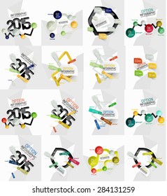 Set of light, paper design option infographic banner templates. Various universal geometric shapes with sample text, steps, connections