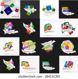 Conjunto de luminosidad, opción de diseño de papel, plantillas de banner infográfico. Varias formas geométricas universales con texto de ejemplo, pasos, conexiones