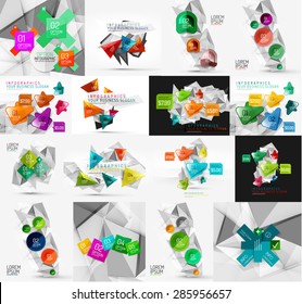 Set of light, paper design option infographic banner templates. Various universal geometric shapes with sample text, steps, connections