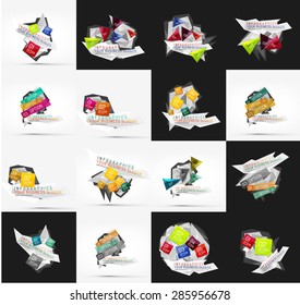 Set of light, paper design option infographic banner templates. Various universal geometric shapes with sample text, steps, connections