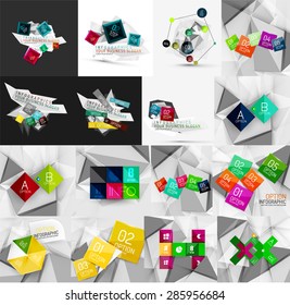 Set of light, paper design option infographic banner templates. Various universal geometric shapes with sample text, steps, connections