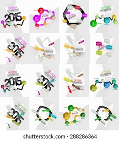 Set of light, paper design option infographic banner templates. Various universal geometric shapes with sample text, steps, connections