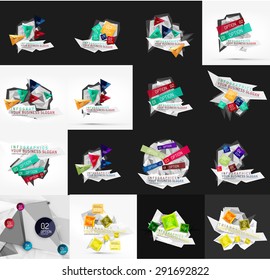 Set of light, paper design option infographic banner templates. Various universal geometric shapes with sample text, steps, connections