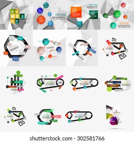 Set of light, paper design option infographic banner templates. Various universal geometric shapes with sample text, steps, connections