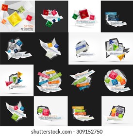 Set of light, paper design option infographic banner templates. Various universal geometric shapes with sample text, steps, connections