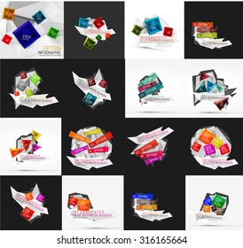 Set of light, paper design option infographic banner templates. Various universal geometric shapes with sample text, steps, connections