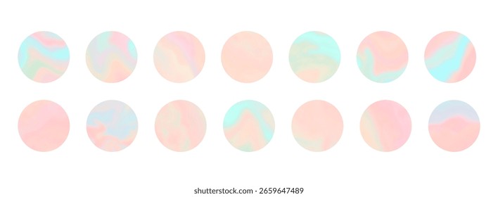 Conjunto de pegatinas de holograma de Formas redondas de color naranja, coral y verde azulado pastel claro. Plantillas vibrantes rosadas y azules olográficas de los círculos de los colores para el software, diseño del ui, Web, Fondo de pantalla de los App, Anuncio
