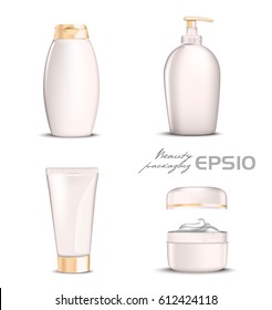 Set light pink color bottle for shampoo, packing for soap open round package with cream inside,tube for toothpaste or cosmetic. Premium cosmetics mock-up
