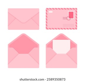 Set of light pink envelopes in different styles, including closed, open, and with a letter. Mail, correspondence, and stationery concept. Flat vector illustration isolated on white background