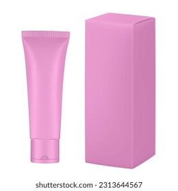 Set of light pink plastic tube and box. Realistic mockup. Ointment or salve. Gel serum. Korean packaging. Blank cardboard package