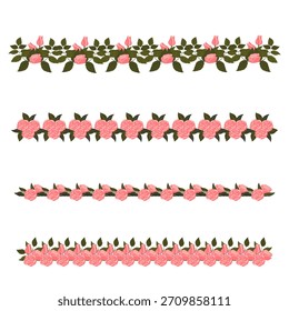 Un conjunto de bordes de rosa claro para su diseño. Ilustración vectorial aislada en un fondo blanco.